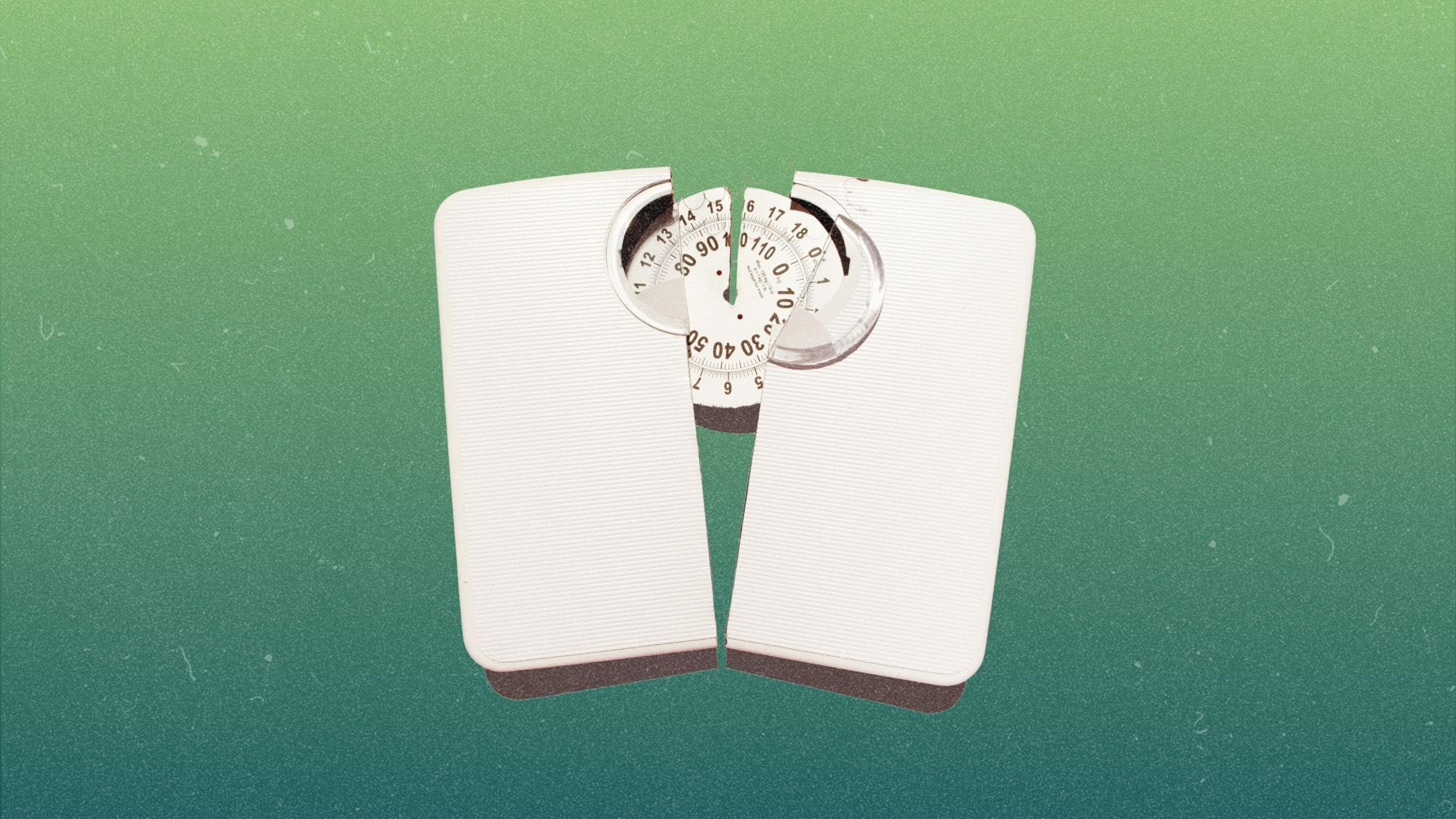 Illustrated bathroom scale on a textured green field.