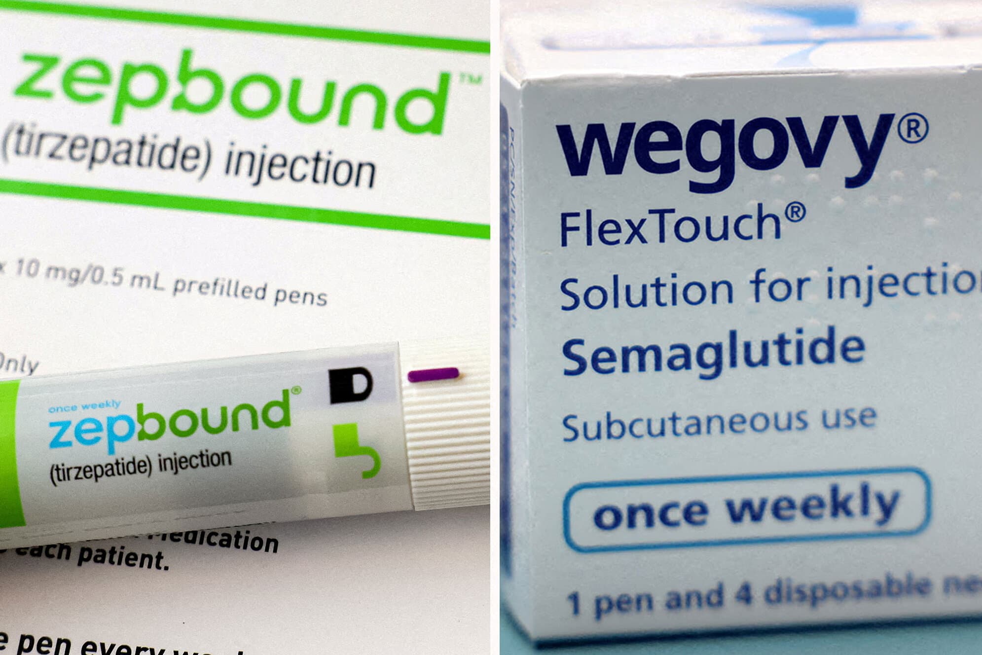 Close-up boxes of Zepbound and Wegovy medication packaging.