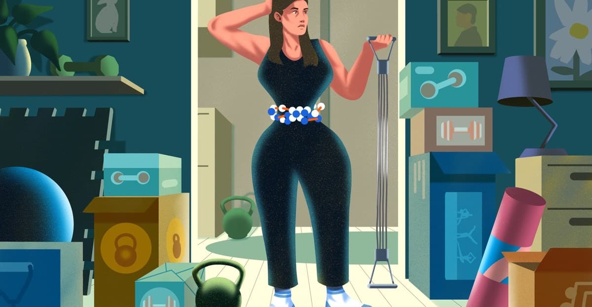 Abstract illustration of a person and GLP-1 injector, used for reporting on muscle loss concerns.
