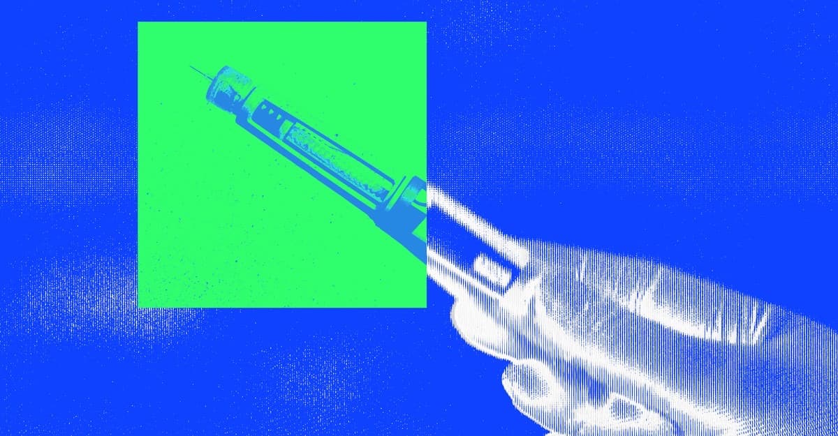 Bright blue and neon green photo illustration of a GLP-1 injection pen.