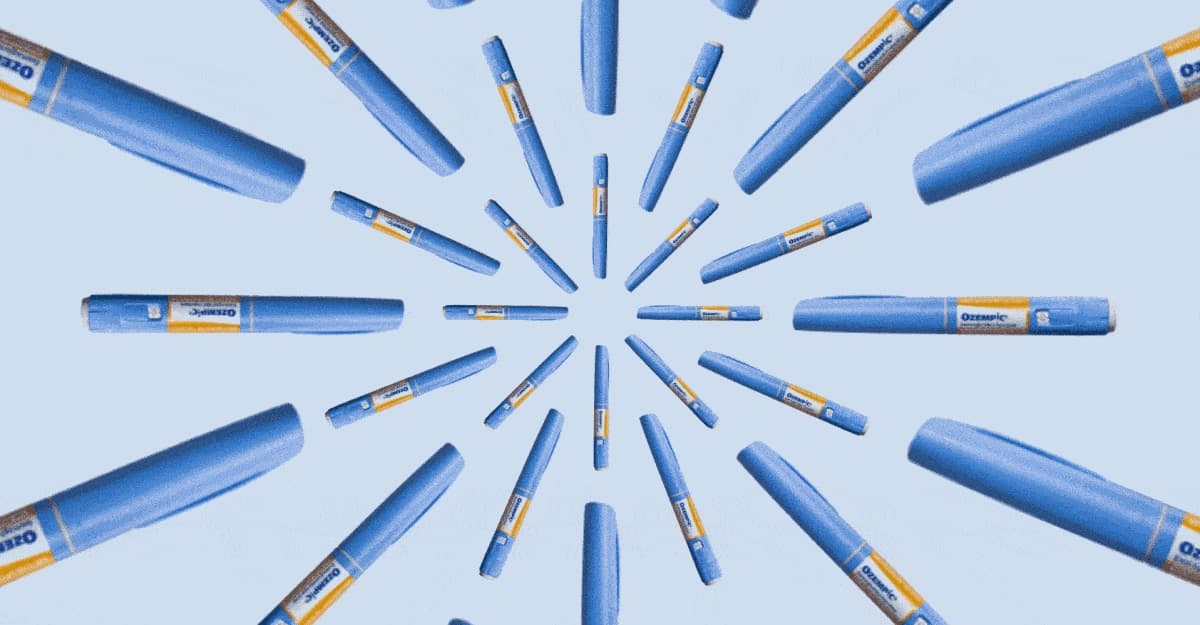 Ozempic injector pens in a rotating photo illustration.
